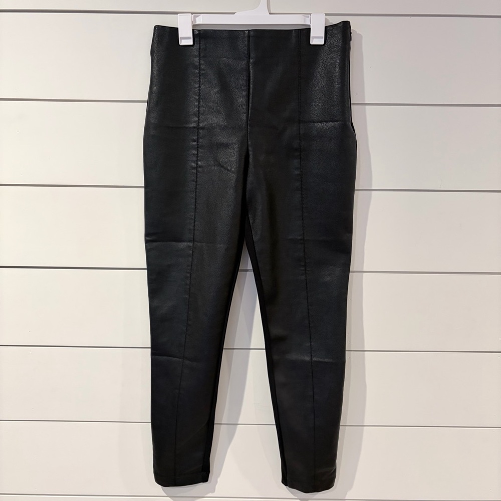 Ann Taylor LOFT Black Faux Leather Mixed Media Pants Leggings L Mobwife Glam - Picture 2 of 11